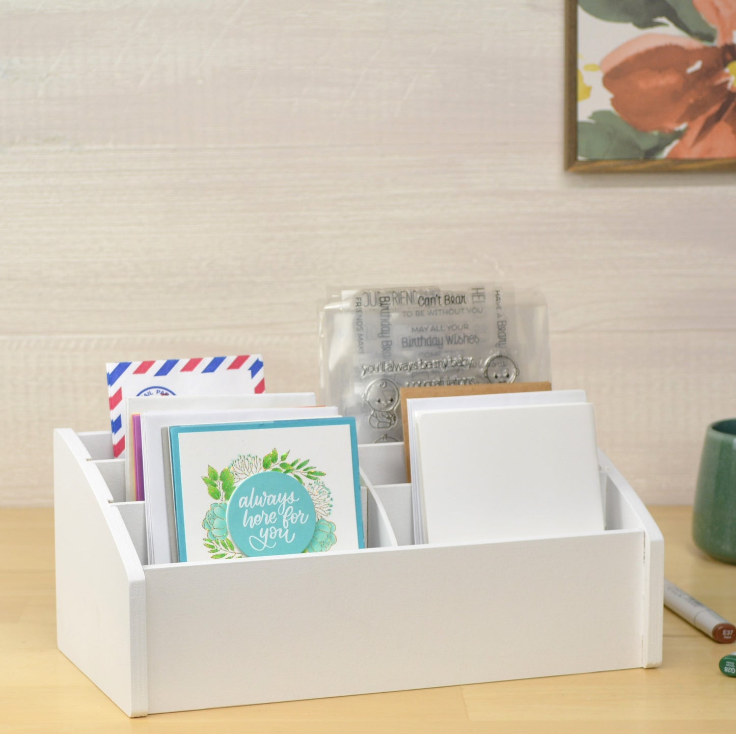 desktop caddy made for greeting cards, invitations, and envelopes, painted white