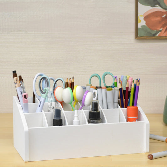 beautiful desktop storage caddy made for craft markers, scissors, rulers, pencils, and glue bottles